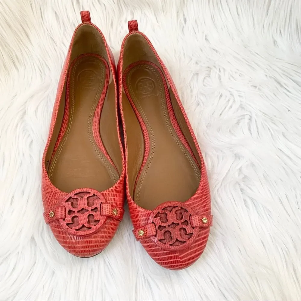 Tory Burch coral Mini Miller lizard flats 7.5